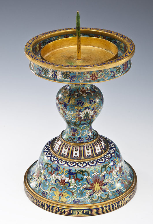 Qianlong cloisonné candlestick. Price realized: $4,900. Cordier Auctions & Appraisals image.